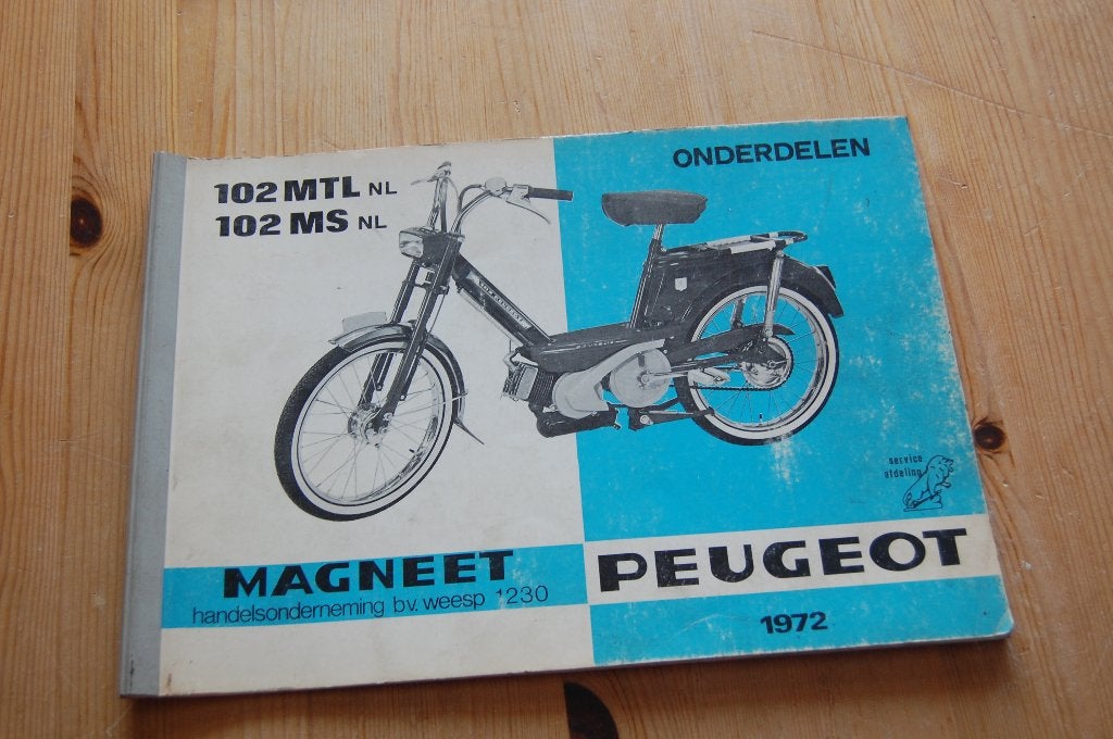 Peugeot 102 MTL en 102 MS onderdelenboek uitgave 1972, Fietsen en Brommers, Handleidingen en Instructieboekjes, Ophalen of Verzenden