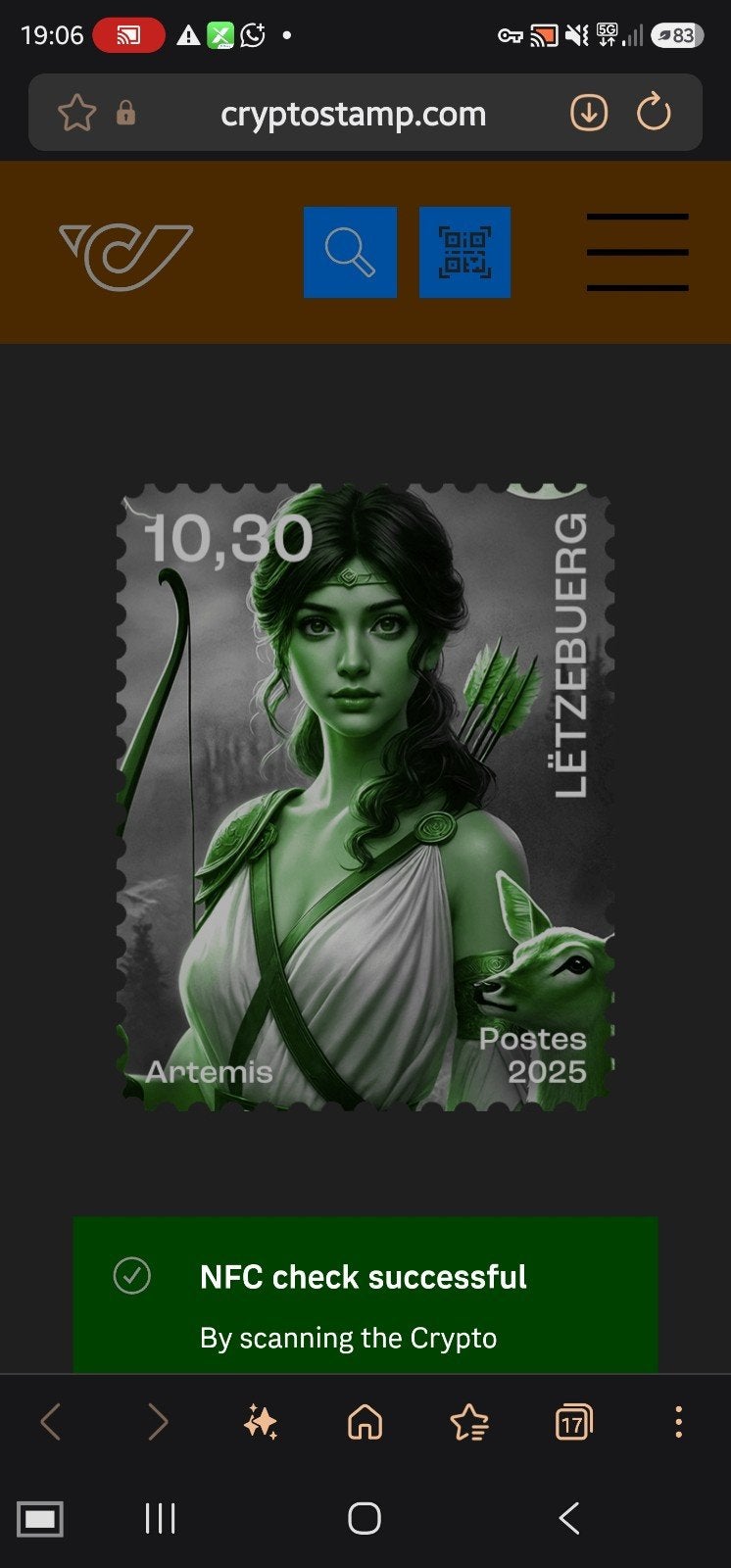 Crypto Postzegel Luxemburg Artemis 10,30€ Postes 2025, Ophalen of Verzenden, Onbeschreven, Europa