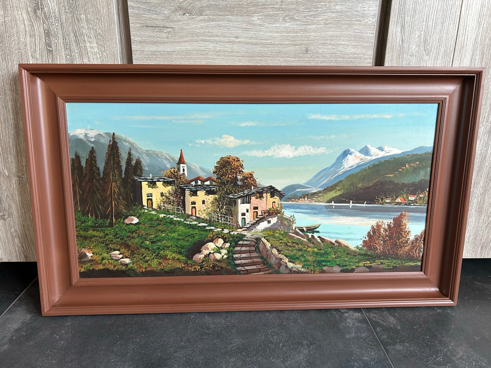 Schilderij berglandschap met dorp en meer, Ophalen, Doek, Realistisch, Olieverf