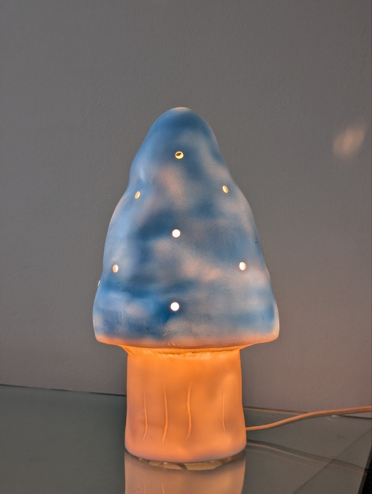 Vintage Heico paddenstoel lamp blauw/wit kinderkamer, Blauw, Gebruikt, Kunststof, E14 (klein)