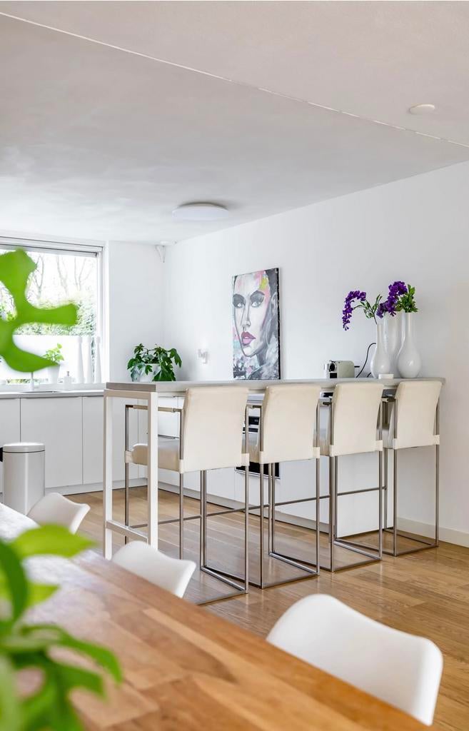 Set van 4 moderne barkrukken - wit echt leer en metaal, Huis en Inrichting, Barkrukken, Gebruikt, 90 cm of meer, Leer, 3 krukken