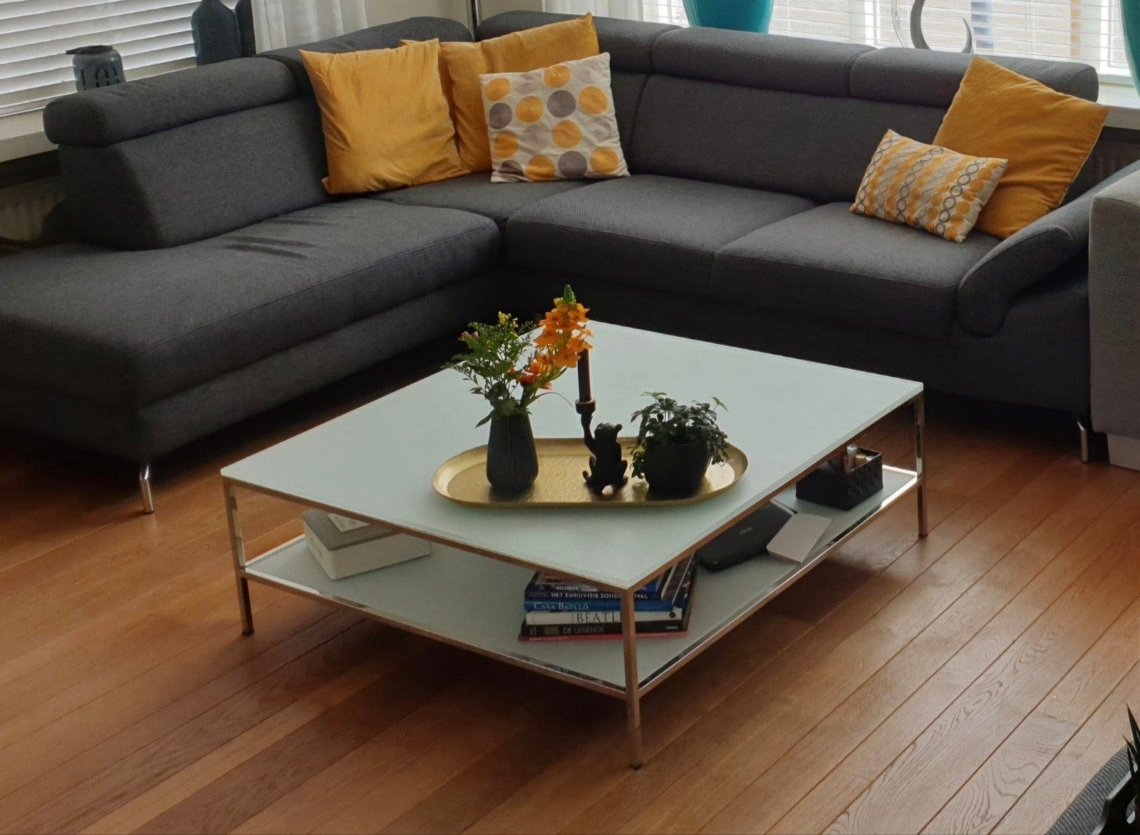 Prachtige moderne salontafel met glazen blad & metalen frame, Huis en Inrichting, Ophalen, Gebruikt, 50 tot 100 cm, Vierkant