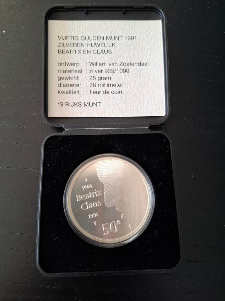 Zilveren 50 Gulden Munt 1991 Huwelijk Beatrix en Claus, Ophalen, Koningin Beatrix, Losse munt, Geboorte of Huwelijk