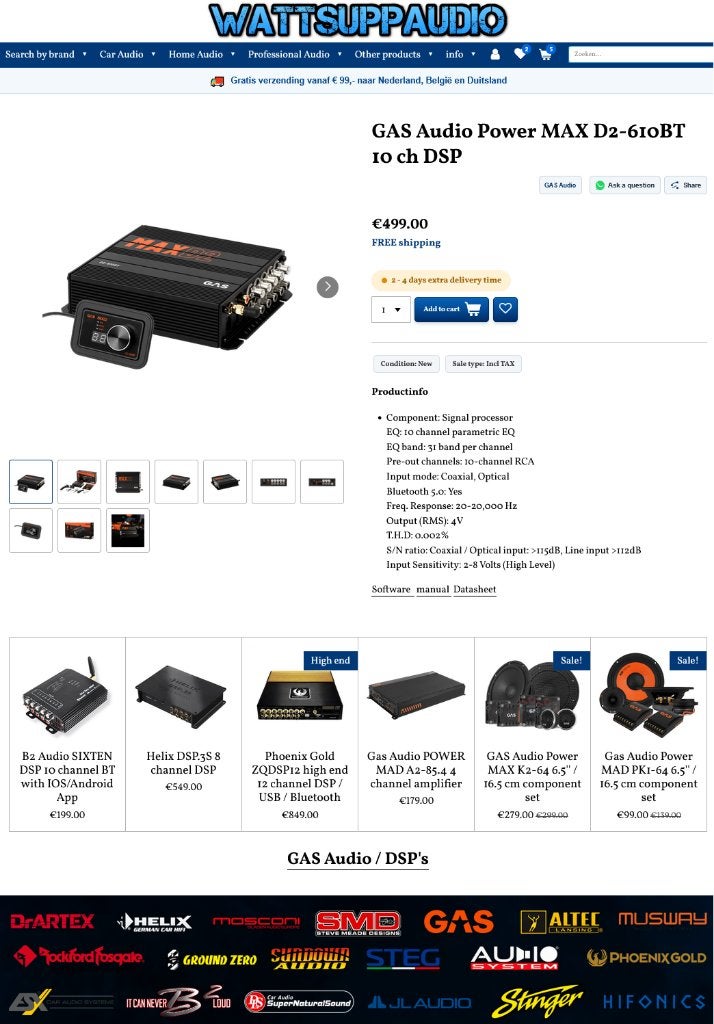 GAS Audio Power MAX D2-610BT 10 kanaals DSP, Info@optimount.nl, Nieuw, Ophalen of Verzenden, Anholtseweg 48A 7091 HB DINXPERLO