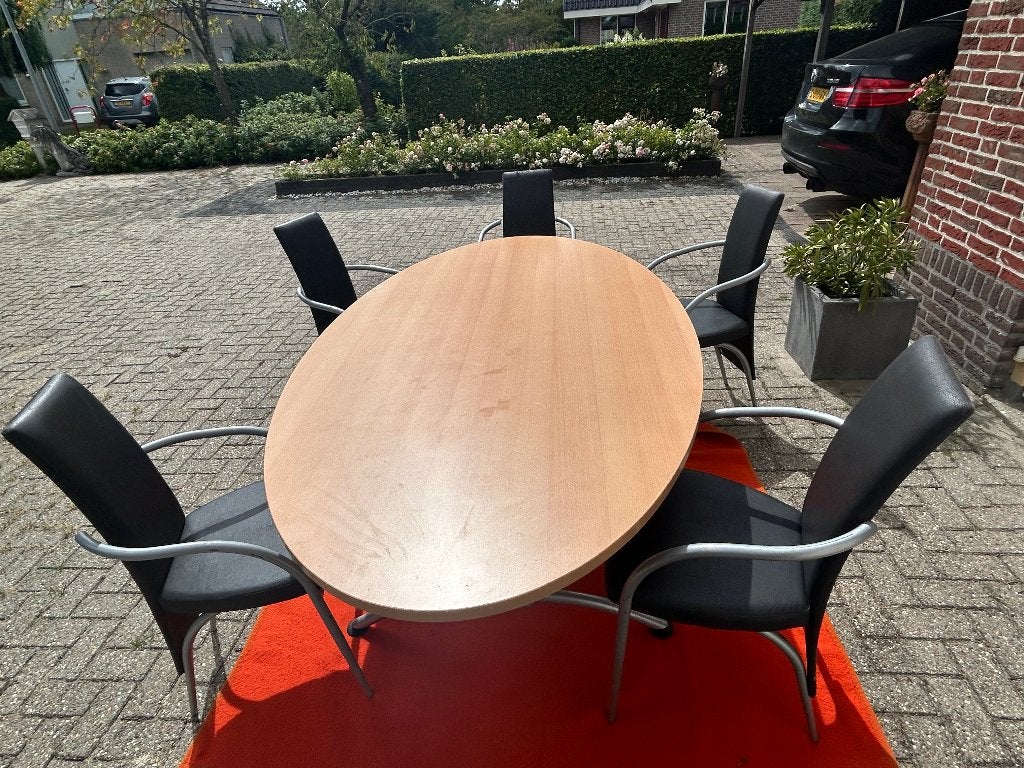 Vergadertafel met 5 stoelen 75hoog, 215lang, 129breed, Huis en Inrichting, Bureaus, Ophalen, Demontabel, Gebruikt, Hout
