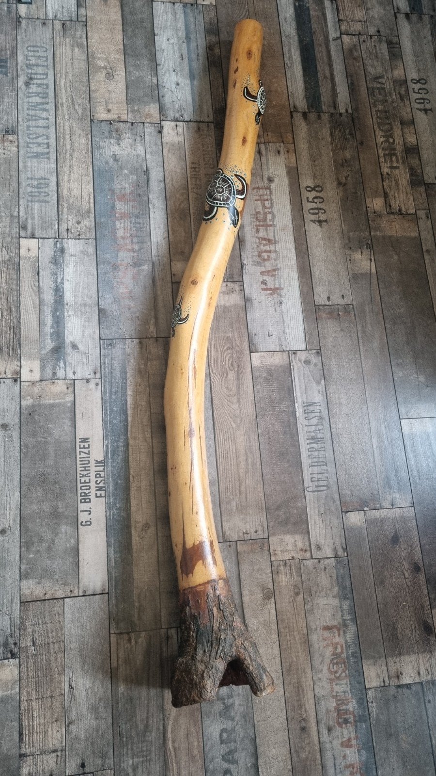 Didgeridoo van eucalyptus  met schildpadden beschildering, Ophalen, Gebruikt