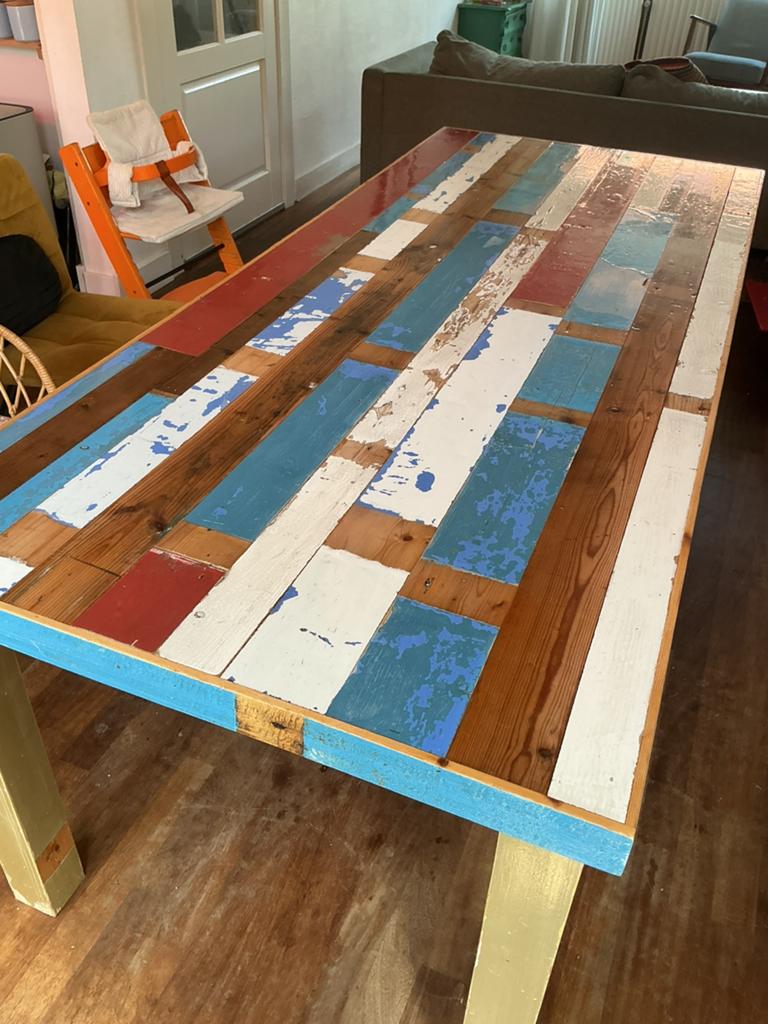 Handgemaakte (door timmerman) studeer/ eettafel 8 pers., Huis en Inrichting, Tafels | Eettafels, Ophalen, 200 cm of meer, 50 tot 100 cm