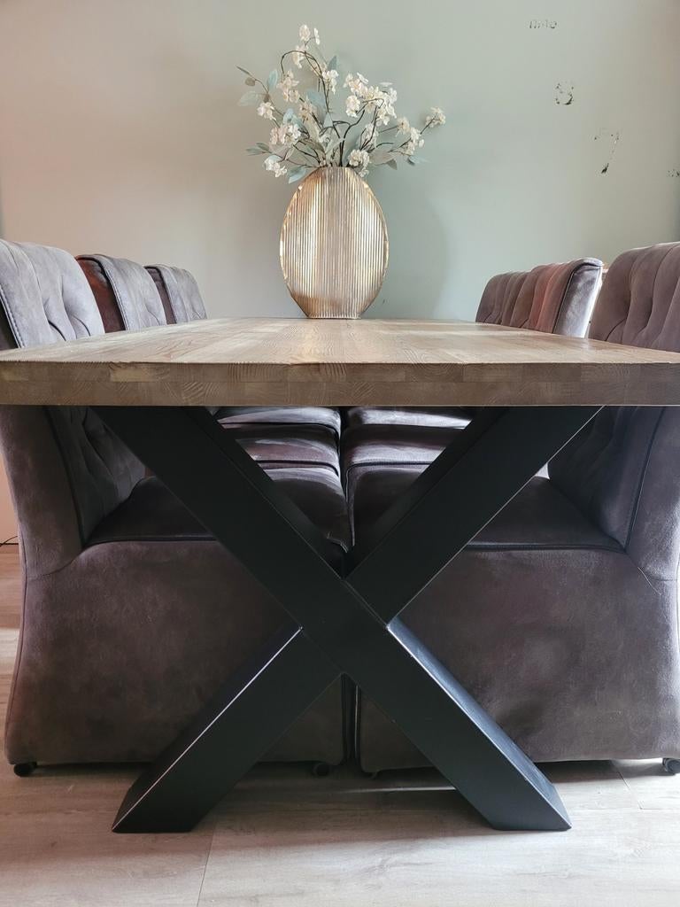 Grenen boomstam eettafel 200x100 cm met kruispoot, Ophalen, Grenenhout, Gebruikt, Industrieel, robuust