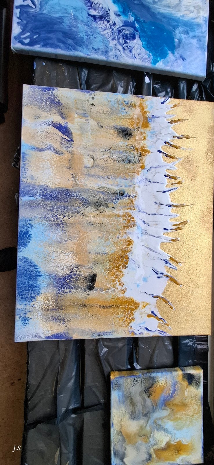 Abstracte Goud en Blauw Acryl Gietkunst op Canvas, Antiek en Kunst, Ophalen of Verzenden