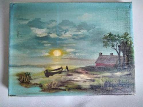 Origineel Olieverf schilderij Landschap Zonsondergang Houten, Doek, Landschap, Olieverf, Ophalen