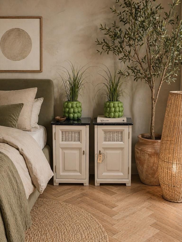 2 vintage nachtkastjes met marmeren blad rotan halkastje, Huis en Inrichting, Slaapkamer | Nachtkastjes, Ophalen, Minder dan 45 cm