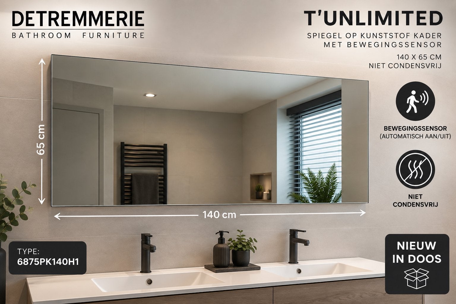 Nieuwe Detremmerie T’Unlimited badkamerspiegel 140x65 cm, Nieuw, 125 cm of meer, Ophalen of Verzenden, Minder dan 100 cm