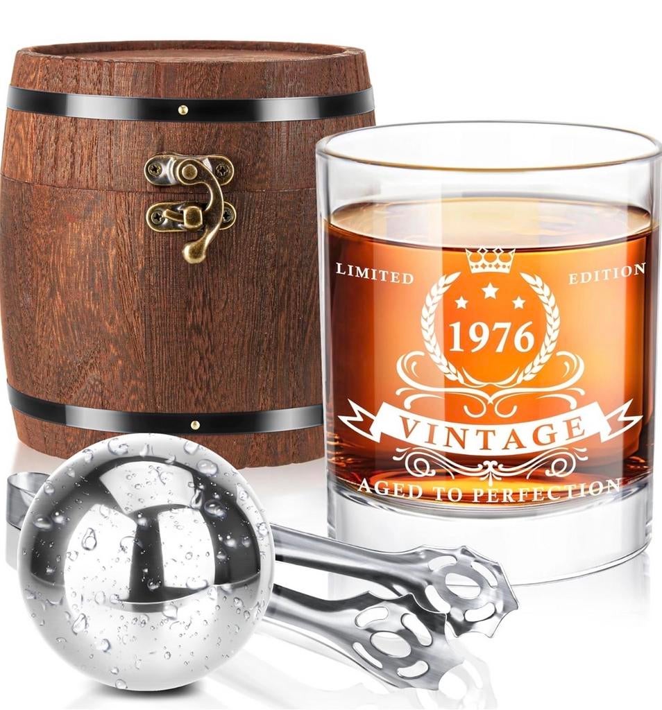 Whiskey Glas Set 1976 in Houten Vat - 50e Verjaardag Cadeau, Ophalen, Glas of Glazen, Nieuw, Glas