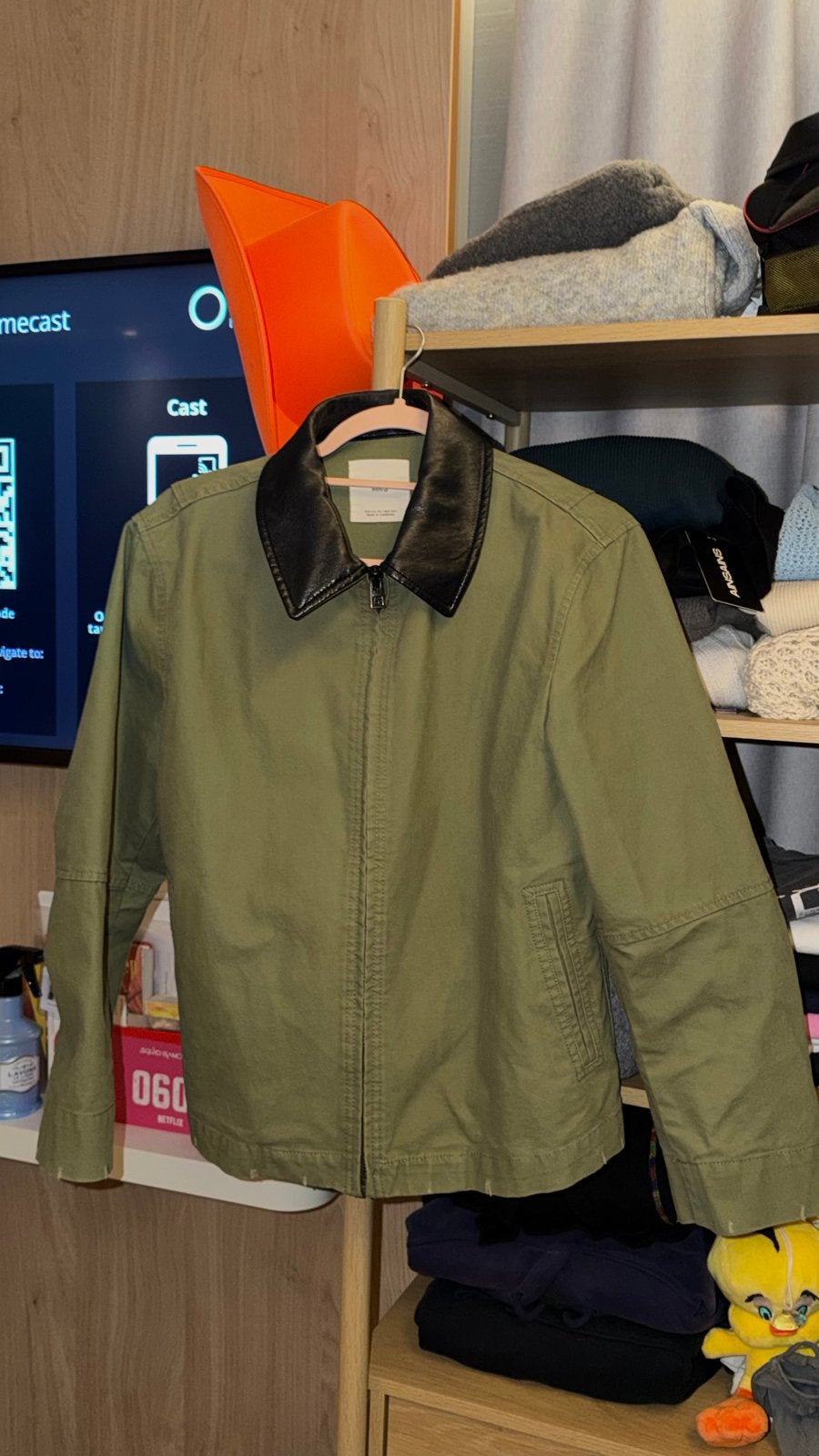 Groene jas met leren kraag, Ophalen of Verzenden, Gedragen, Maat 38/40 (M), Groen