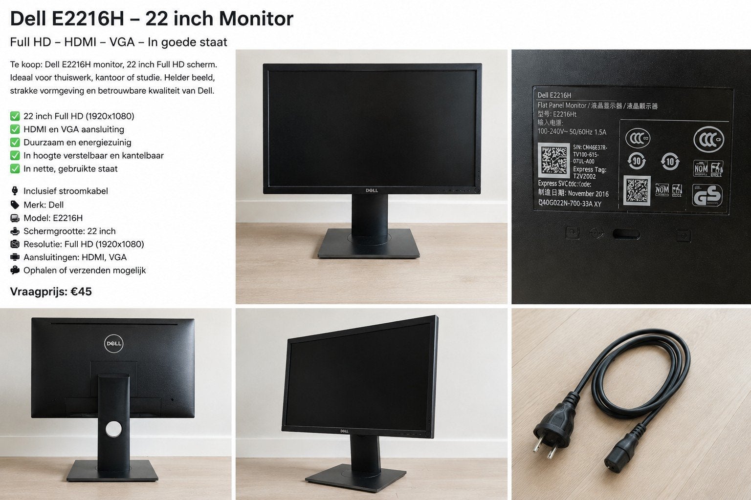 Dell 22 inch Full HD monitor E2216H, Computers en Software, Monitoren, Ophalen, Gebruikt, Kantelbaar, HDMI