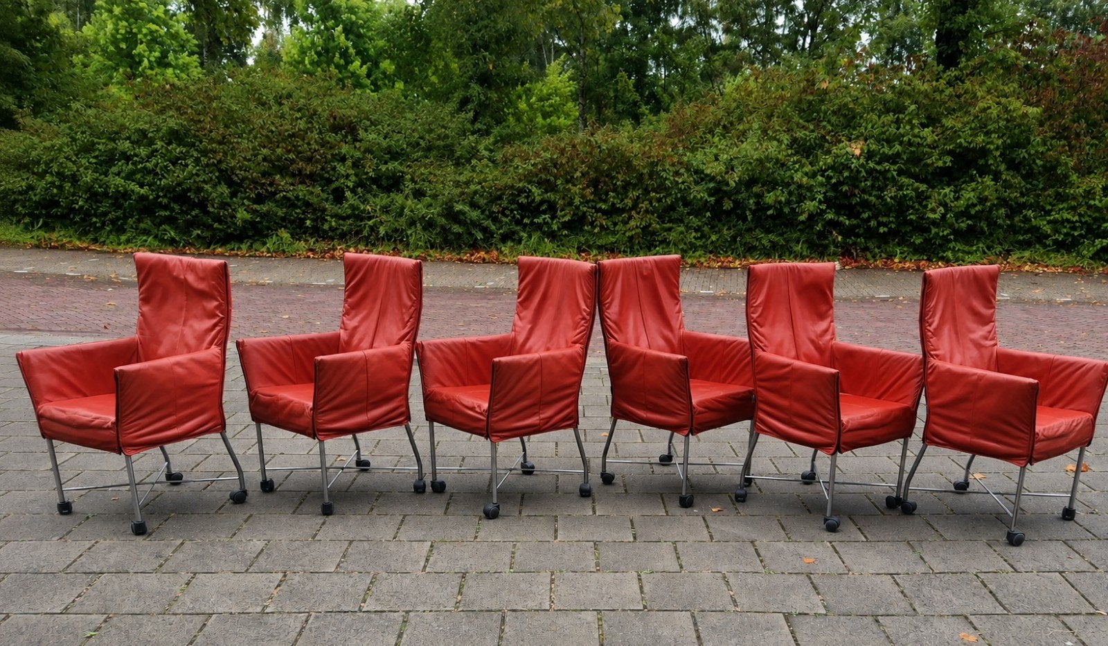 Izgst Montis chaplin eetkamerstoelen 6 in steen rood leer, Overige kleuren, Ophalen of Verzenden, Zo goed als nieuw, Vijf, Zes of meer stoelen