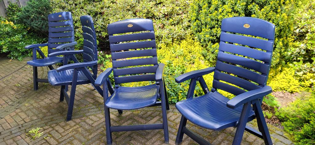 Vier blauwe Hartman tuistoelen met kussens, Tuin en Terras, Ophalen, Gebruikt, Kunststof, Inklapbaar