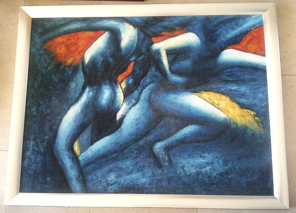 2 naakten in beweging ca.1990 - Daniël Gasser (geb.1948), Ophalen, Doek, Portret of Personen, Impressionistisch