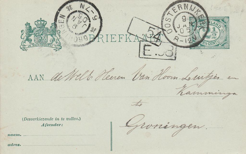 OOSTERNIJKERK grootrondst. 1905 afz SLAGTER over balen Chili, Verzenden, Voor 1920, Gelopen, Friesland