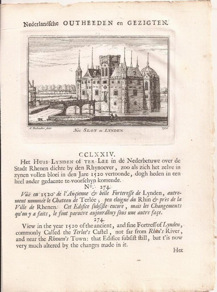 Kesteren. 274 Het Slot te Lynden 1520 Kopergravure Rademaker, Origineel, Architectuur, Ophalen of Verzenden, Gravure