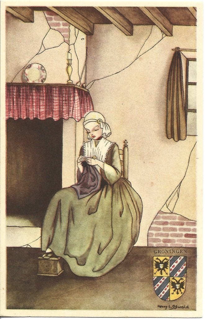 illustrator Henny L. Oswald-serie Groningen-Dame-breien-oud, Ophalen of Verzenden, 1960 tot 1980, Ongelopen, Klederdracht