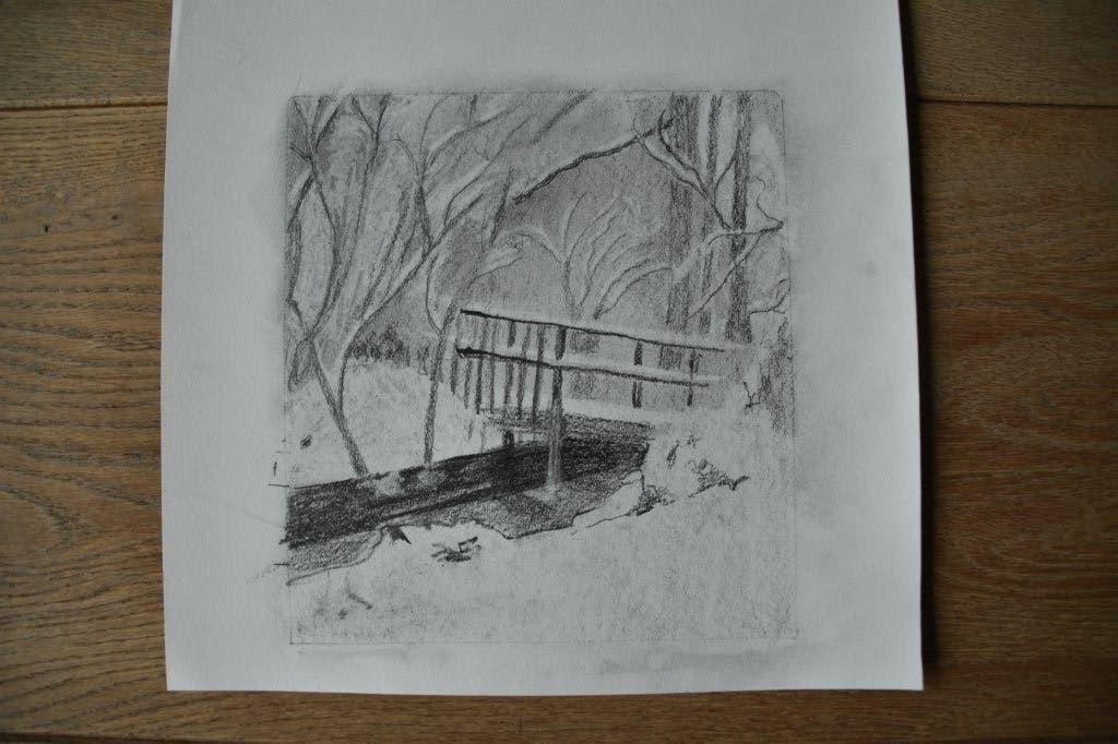 Potloodtekening van een brug in een boslandschap, Antiek en Kunst, Ophalen, Realistisch, Landschap, Tekening