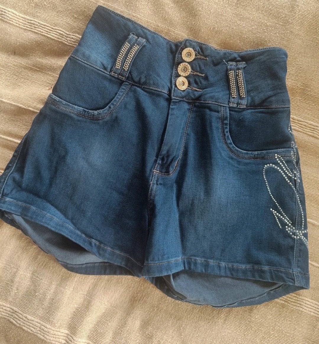Shiny short mt M ongeveer glitter gouden knopen stretch 💙, Maat 38/40 (M), Kort, Blauw, Nieuw