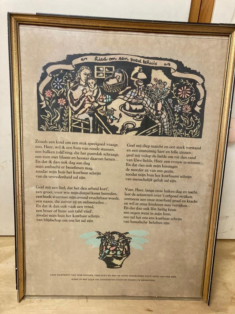 Rijmprent "Lied om een goed tehuis". W. Snitker., Antiek en Kunst, Ophalen of Verzenden