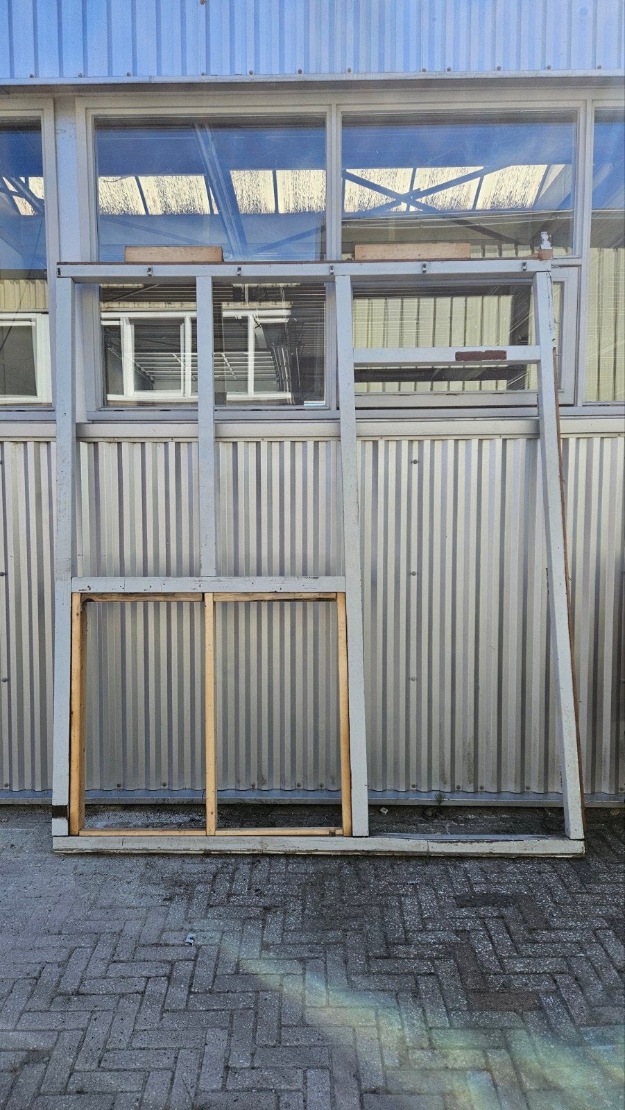Houten kozijn voor glas en deur 216 x 250,5 cm, Ophalen, Gevelraam of Ruit, Gebruikt, 160 cm of meer