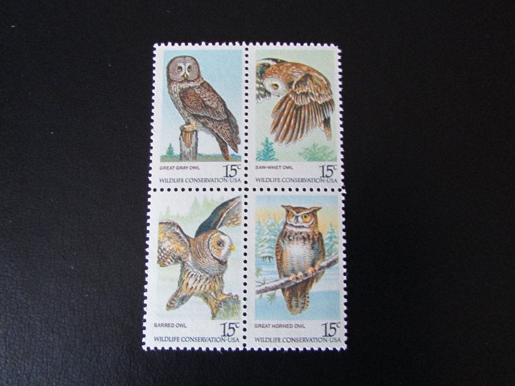 Postzegel Vogel: Blok met 4 Uilen uit de U.S.A., Ophalen of Verzenden, Postfris, Dier of Natuur