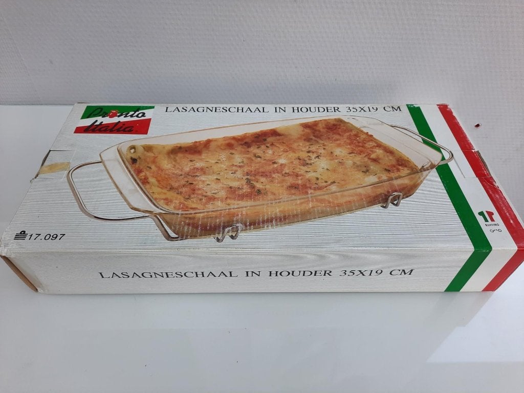 Vuurvaste oven schaal + RVS houder Pronto italia, Nieuw, Ophalen of Verzenden, Overige stijlen, Glas