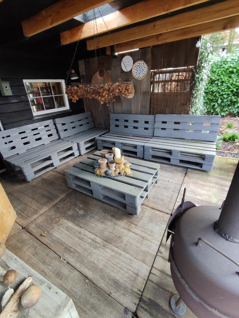 Pallet banken lounge set grijs, Tuin en Terras, Tuinsets en Loungesets, Ophalen, Hout
