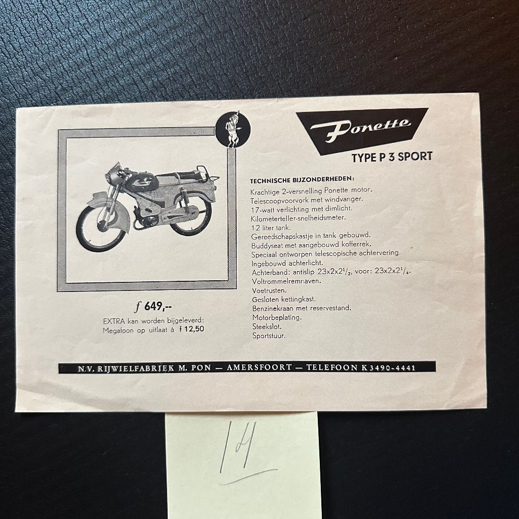 #14) PONETTE P3 Sport 1961  Bromfiets Folder, Verzenden, Gelezen, Folder