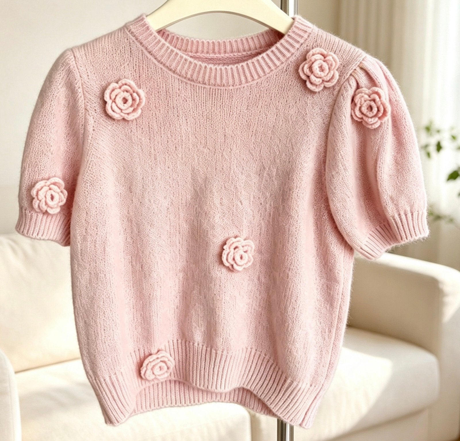 Roze gebreide trui met bloemen, Ophalen of Verzenden, Roze, Maat 36 (S), Onbekend