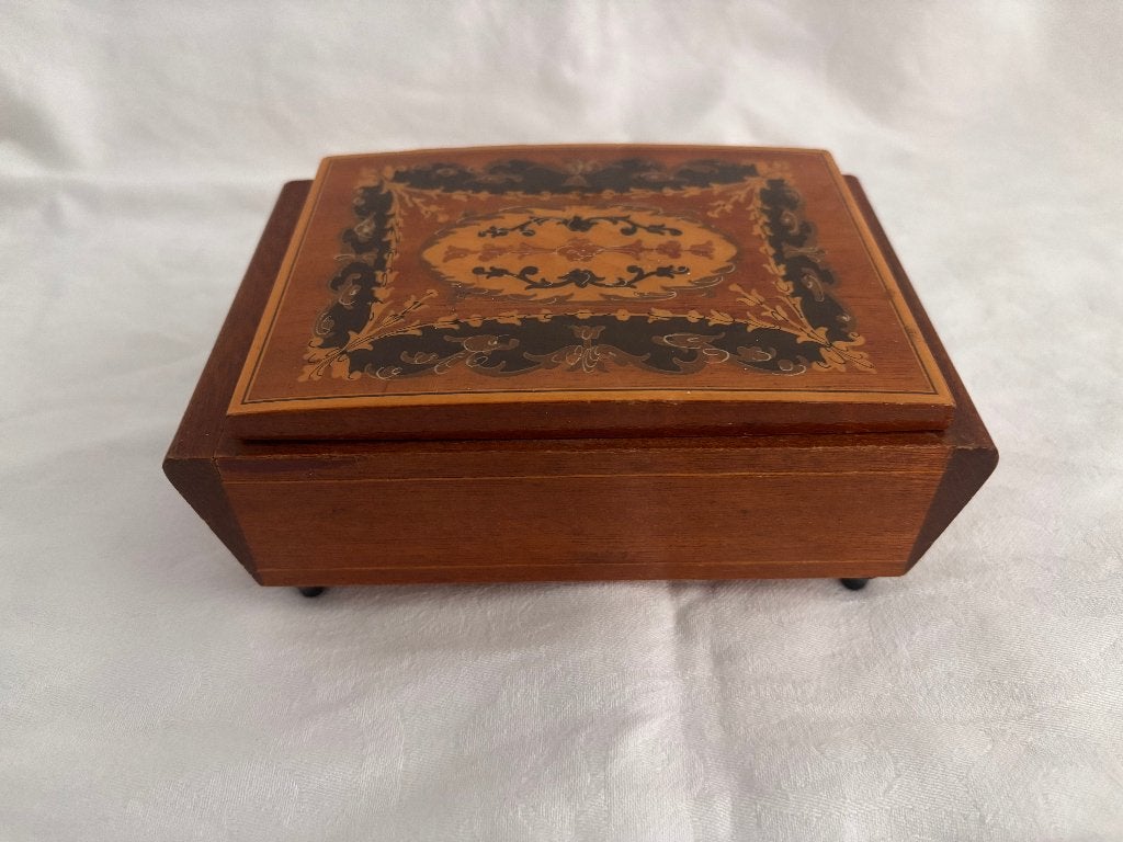 Vintage Sorrentoware ingelegd hout sieradenkistje muziekdoos, Antiek en Kunst, Ophalen of Verzenden