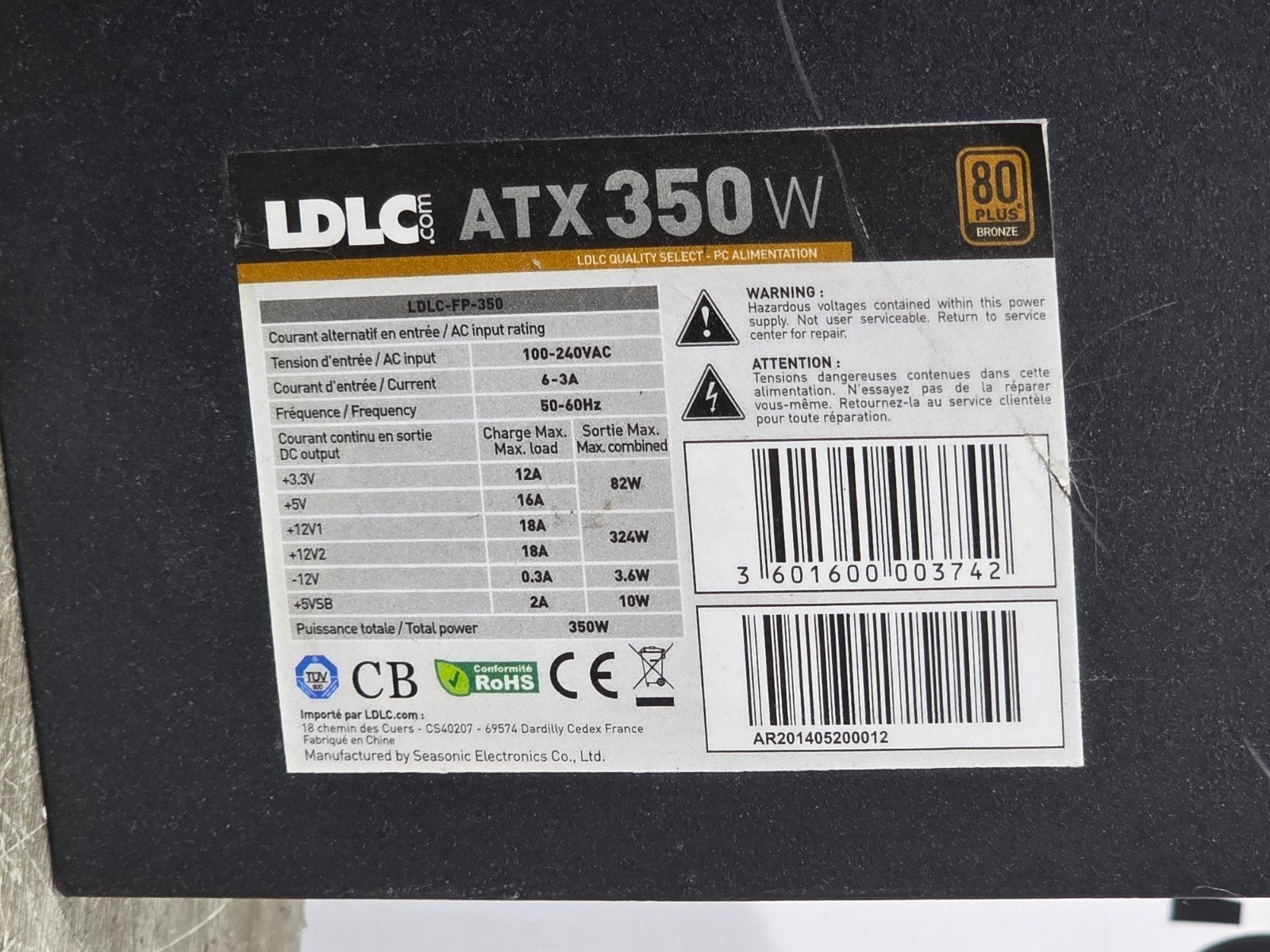 LDLC atx 350w max voeding psu power supply LDLC-fp-350, Gebruikt, ., Ophalen of Verzenden, .