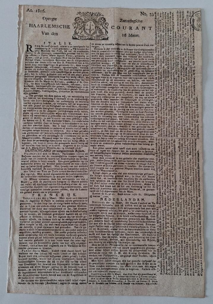 Opregte Zaturdagsche Haarlemsche Courant 16 Maart 1816, Verzenden, Gelezen, Krant