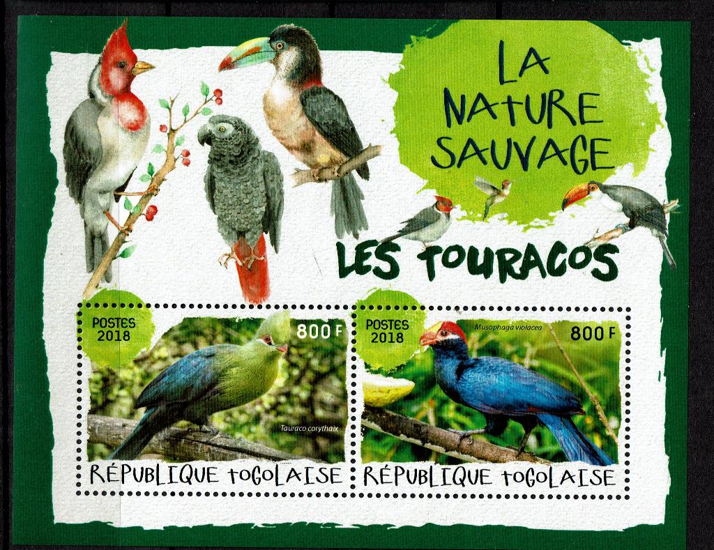 TOGO 2018 PF BLOK TOERAKO VOGELS BIRDS TOURACO 6, Ophalen of Verzenden, Dier of Natuur