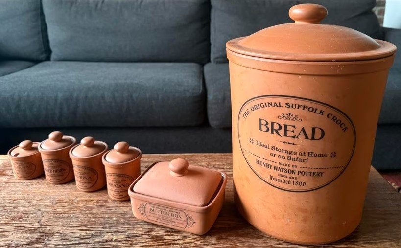 Set Henry Watson Suffolk Pottery terracotta voorraadpotten, Ophalen, Gebruikt, Steen/keramiek, Pot, Bus of Blik