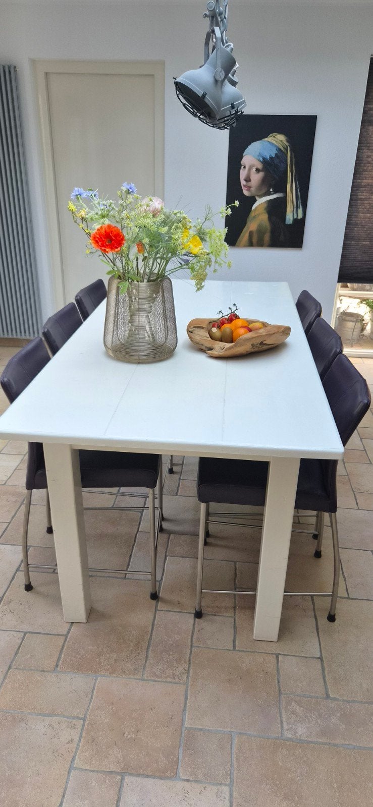 Eettafel 200x100 cm met 6 paarse stoelen, 90 cm hoog, Ophalen, Gebruikt, 200 cm of meer, 50 tot 100 cm