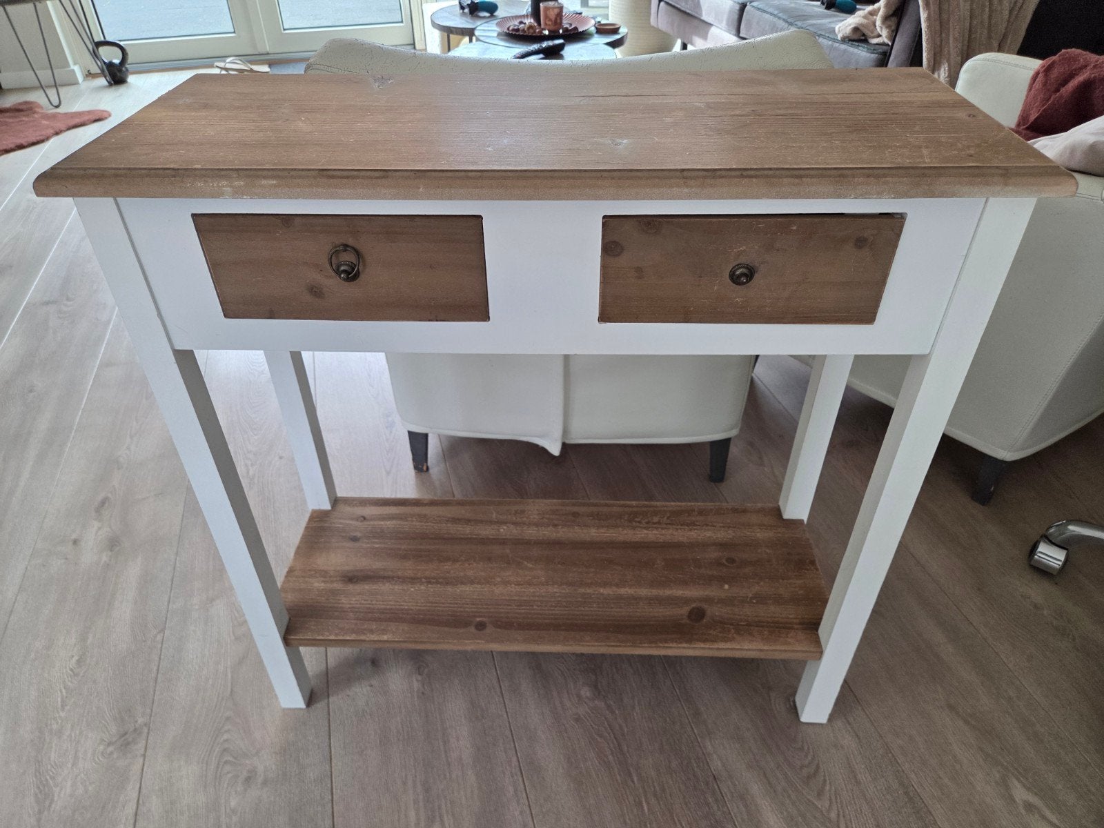 Sidetable met 2 lades en opbergplank - Hout en wit, Gebruikt, 100 tot 150 cm, 50 tot 100 cm, 75 – 100