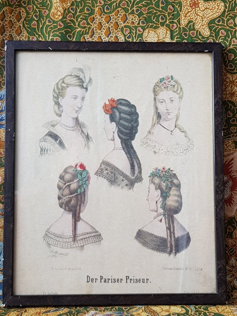 Mooie antieke ingelijste kappersmode prent uit Duitsland., Ophalen of Verzenden
