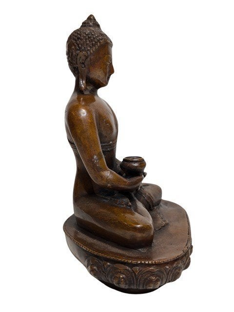 Himalaya bronzen Boeddha met offerkom – 17e eeuw – 019, Gebruikt, Ophalen of Verzenden, 24 cm, Bruin
