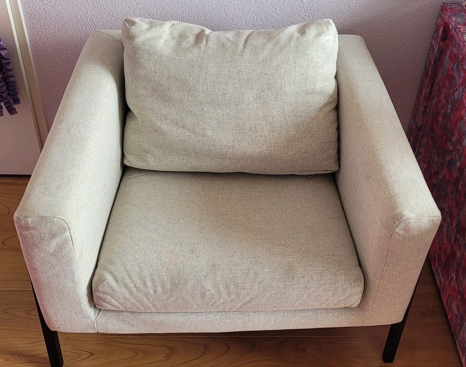 IKEA KOARP Fauteuil - Beige Structuurstof, Huis en Inrichting, Fauteuils, Ophalen, Gebruikt, Modern, Scandinavisch, 75 tot 100 cm