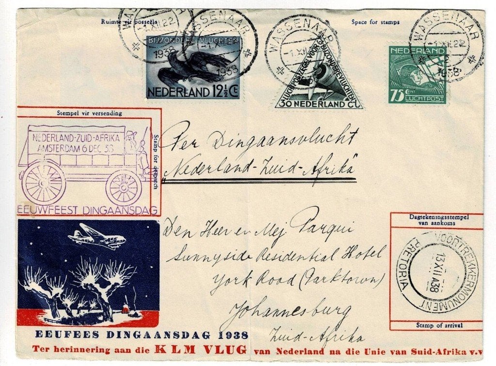 Brief uit 1938 naar Zuid Afrika met 3 luchtpostzegels (#092), Postzegels en Munten, Brieven en Enveloppen | Nederland, Ophalen of Verzenden