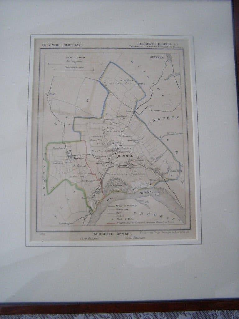 Kaartje 1865 Gemeente Bemmel als zelfst. gemeente, ingelijst, Boeken, Atlassen en Landkaarten, J.Kuyper, Ophalen of Verzenden