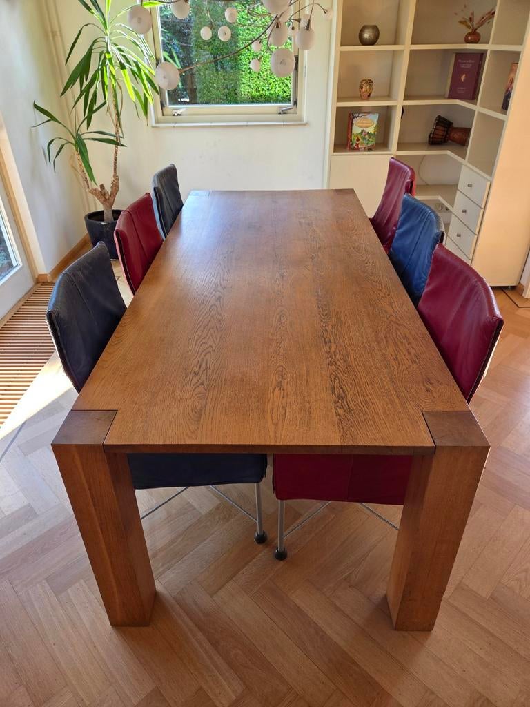 Mooie hardhouten tafel met 6 design stoelen, Ophalen of Verzenden, Rechthoekig, 200 cm of meer, 50 tot 100 cm