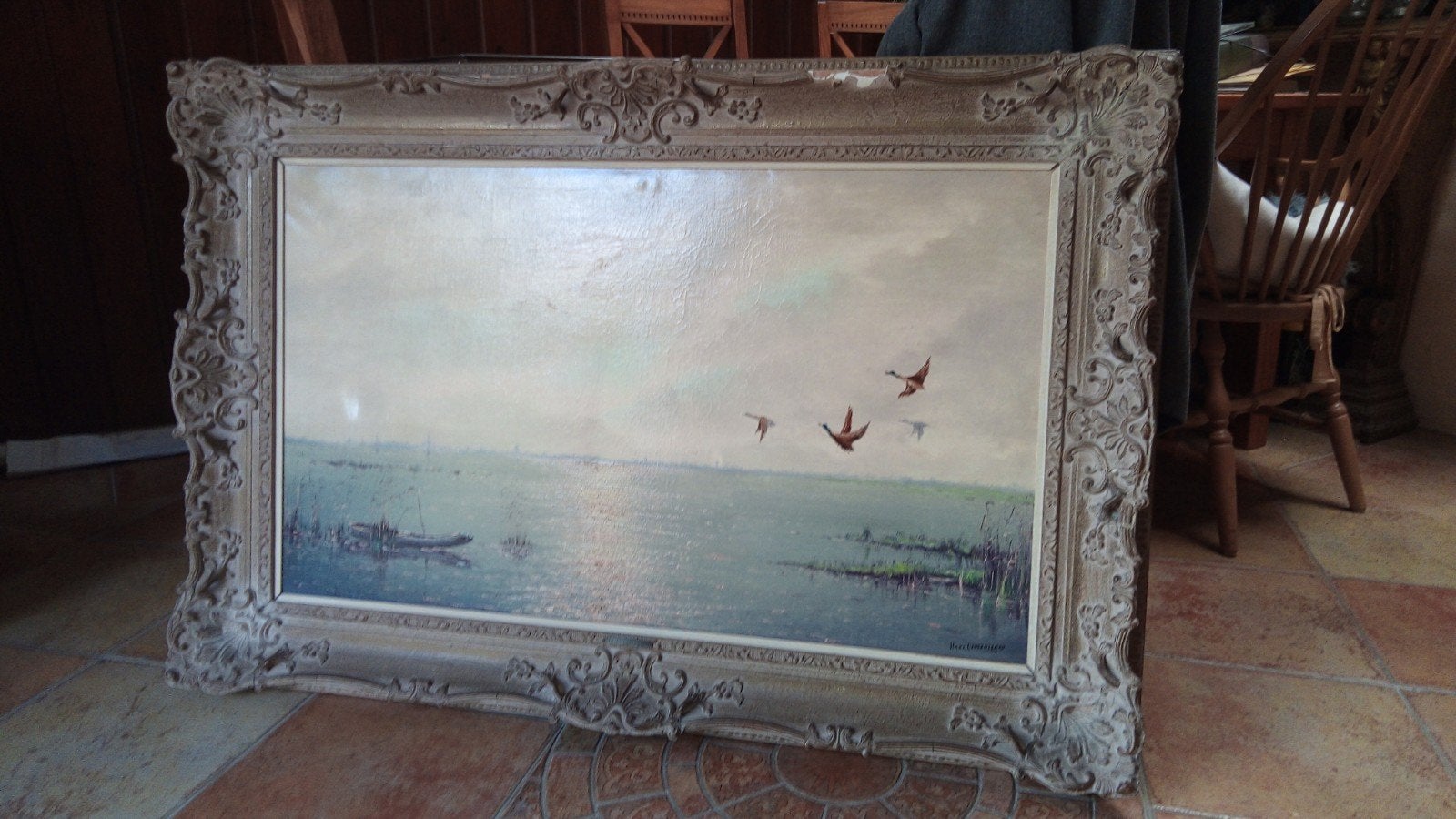 Groot Schilderij Hans Lenteman - Landschap met Eenden, Ophalen, Doek, Dieren, Bijzondere lijst