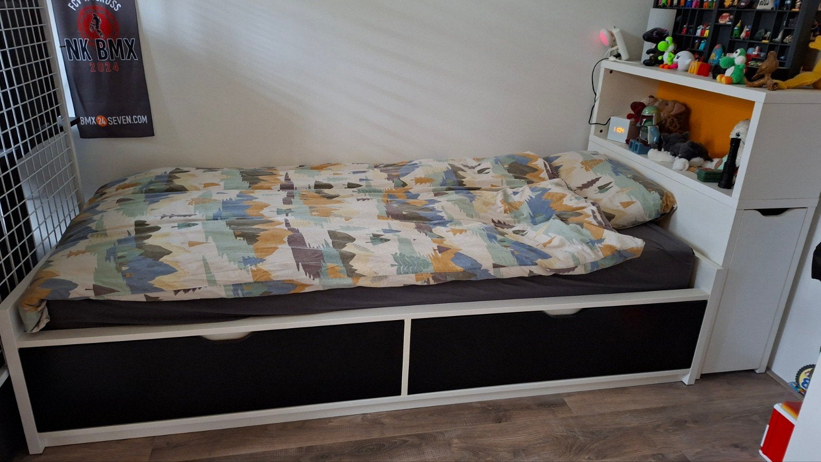 Ikea  Flaxa eenpersoons bed 90x200 cm + 2 lades + achterwand, Ophalen, Gebruikt, 90 cm, Eenpersoons