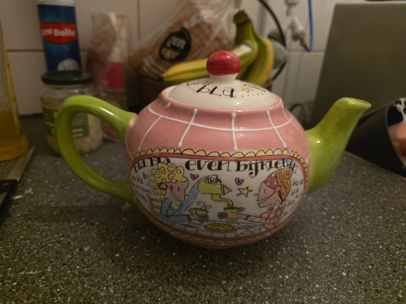 Blond Amsterdam theepot - 'Bla bla bla', Gebruikt, Ophalen of Verzenden, Steen/keramiek, Meerkleurig
